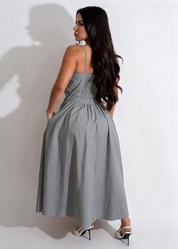 Image of YUEWOO Midi Dresses for Women Casual Summer Sundresses Vacation Outfits Spaghetti Strap Smocked Women Maxi Dress with Pockets