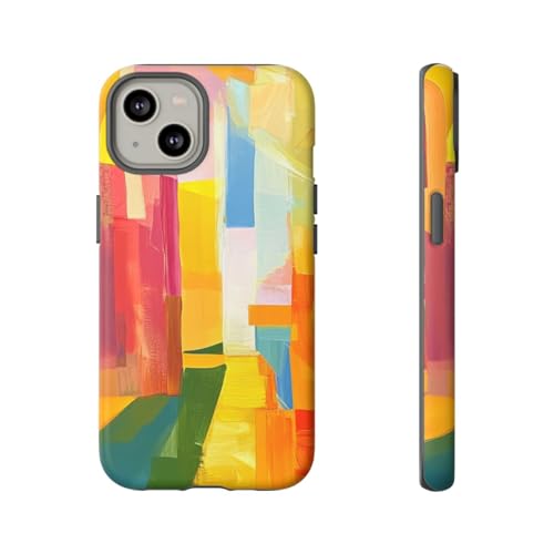 Coque iPhone 14 rigide mate jaune aux motifs de coups de pinceau colorés