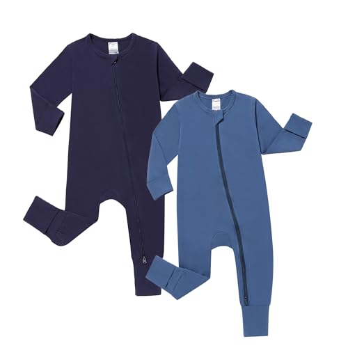 Image of JunNeng 2 Pack Footless Long/Short Sleeve Baby Romper with Zipper Cotton Infant Sleepwear