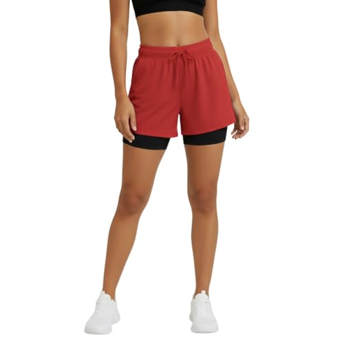 Image of Women's 2-in-1 Athletic Shorts with Inner Tights Layer, Drawstring Waist, for Running, Gym & Sports, Plus Size S to 6XL