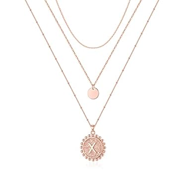 AMAZON - Layered Initial Necklaces for Women, 14K Rose Gold Plated Chain Necklace Dainty Layering Disc Coin Letter X Pendant Initial Choker Necklace Rose Gold Layered Necklaces for Women Jewelry Gifts (X)