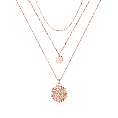 Layered Initial Necklaces for Women, 14K Rose Gold Plated Chain Necklace Dainty Layering Disc Coin Letter X Pendant Initial Choker Necklace Rose Gold Layered Necklaces for Women Jewelry Gifts (X)