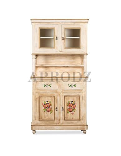 Image of APRODZ Wooden Handpainted Crockery Display Sideboard Storage Cabinet for Home (Cream & Natural Finish)