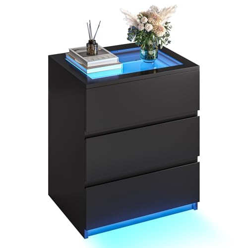 AOGLLATI Nachttisch mit LED-Beleuchtung,Einstellbare Farben Nachtschrank mit 3 Schubladen Beistelltisch mit Glastischplatte Sofatisch Couchtisch für...