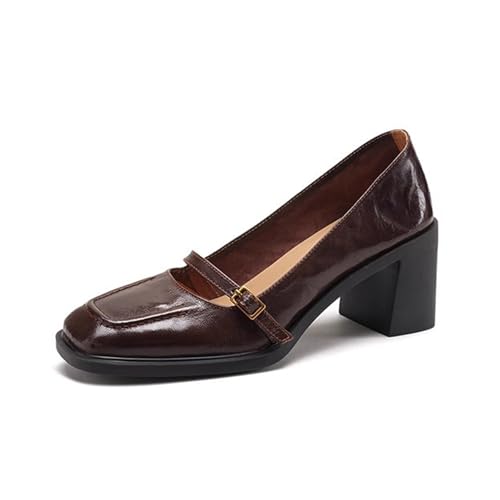 Women's Leather Block Heel Mary Janes Classic Square Toe Buckle Mid Block Heel Pumps for Wedding Party Dress Shoes