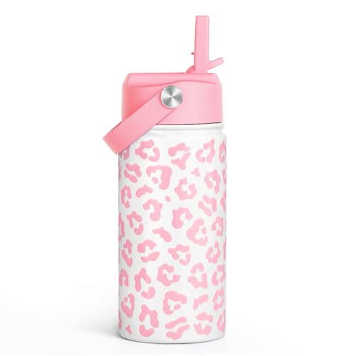 Image of SANDJEST Pink Leopard Print Kids Water Bottle With Straw Lid 12oz Insulated Stainless Steel, Travel Tumbler, Gifts For Girls, Birthday, Christmas, Back To School