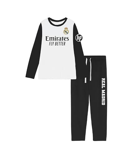Real Madrid Pijama Oficial, Conjunto de Camiseta Manga Larga y Pantalón Largo con Emirates Fly Better, 100% Algodón, Tallas para Niños y Adultos, Blanco y Negro (FR/ES, Edad, 6 años)