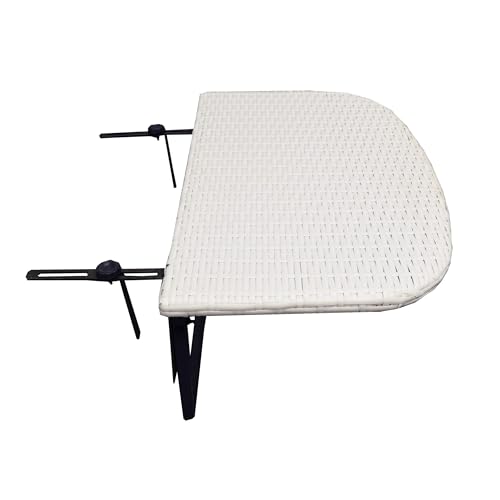 Image of White Indoor and Outdoor Foldable Wicker Balcony Table with Metal Frame and Adjustable Clamps