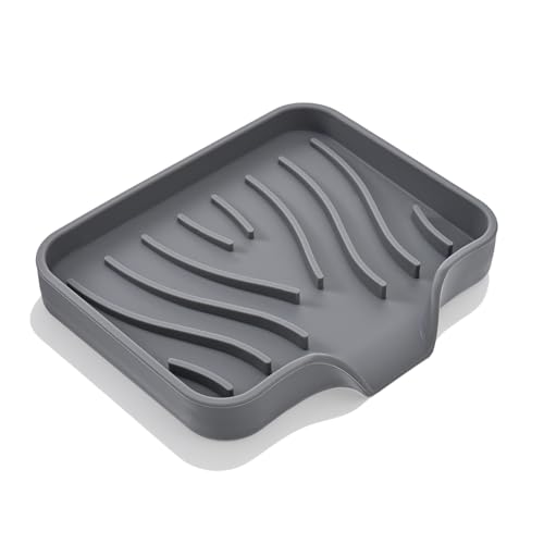Grevosea Sponge Holder for Kitchen Sink 4.9x3.9 Inch Silicone Sponge Dish Soap Dish with Drainage Soap Holder for Shower Bathroom Scrubbers Kitchen Sink Organizer Accessories (Grey)