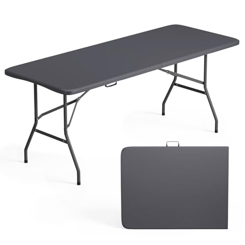 Image of FDW 6 FT Folding Table, Portable Plastic Table with Carrying Handle Perfect for Indoor, Outdoor, Party, Dining, Wedding, Events, Camping, Grey