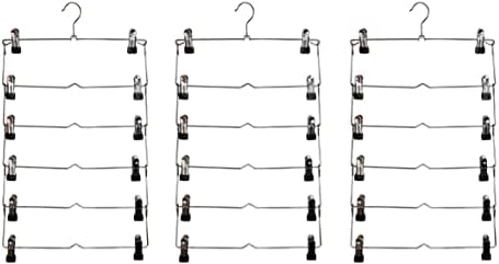 Neusu Space Saving 6 Tier Metal Skirt Hanger with Clips (3pk) - Premium Quality Trouser Hangers with Clips - Rubber Coated Hanger Clips - Adjustable Clips Pants Hanger - Hang Slacks, Trousers, Jeans