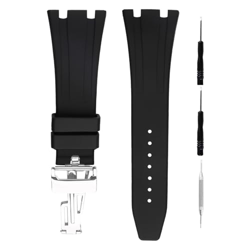 unilabo ゴム製時計バンド 28mm オーデマ ピゲ ロイヤルオーク オフショア AP 15703 15710 15400 26470 26400に対応 折りたたみ式バックル付きシリコンストラップ 男女兼用 手首ウォッチバンドの交換用, シルバーバッ