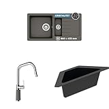 SCHOCK® Küchenspüle Typos D-150S Asphalt 86x43,5 cm - CRISTALITE® Grau | Küchenarmatur SC-530 Asphalt – Hochdruck Armatur mit ausziehbarer Schlauch-Brause | Eckschale in schwarz I Spülbecken Zubehör