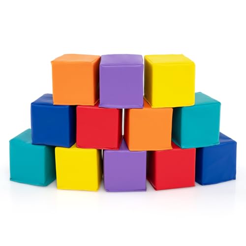 RELAX4LIFE Set da 12 Cubi Blocchi da Costruzione in Schiuma per Bambini, Cubi Colorati Impilabili e Sicuri con Rivestimento in Pelle Sintetica, Giocattoli Educativi per lo Sviluppo della Motricità
