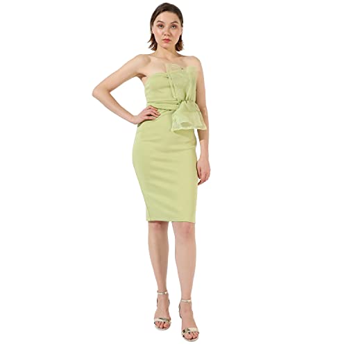 Image of Campus Sutra Women's Solid Green Sleeveless Knee Length Regular Fit Dress for Casual Wear | Tube Neck Dress Crafted with Comfort Fit and High Performance for Everyday Wear