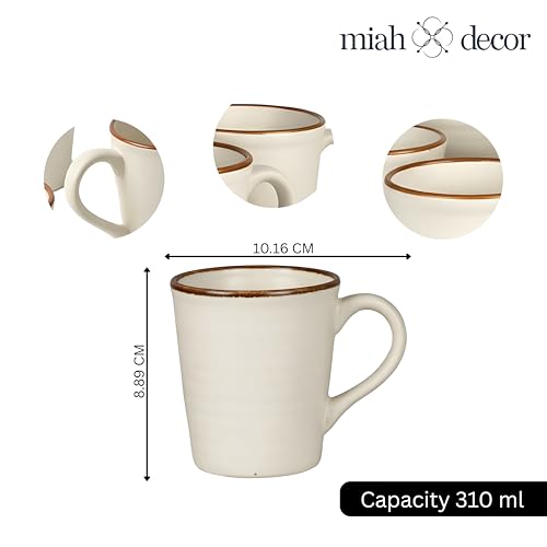 Image of miah decor Stoneware Coffee Mugs Set of 6 (320 ml Each) | Ceramic Tea Cups | Off-White Ribbed Mugs with Brown Rim | Microwave, Oven & Dishwasher Safe | Coffee, Tea, Milk Mugs