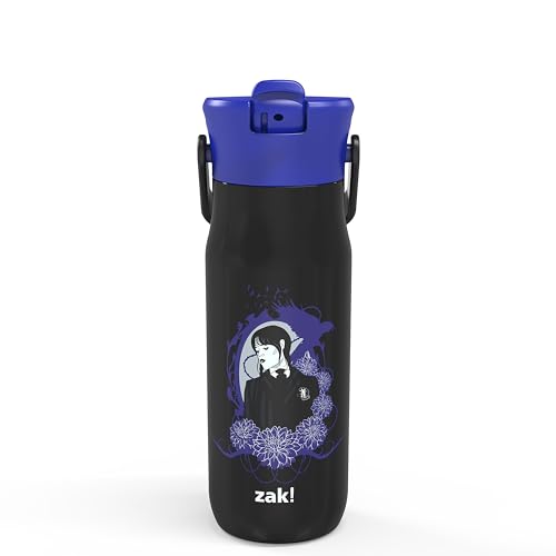 Zak Designs Harmony Wednesday Water Bottle for Travel or At Home, 20oz Recycled Stainless Steel is Leak-Proof When Closed and Vacuum Insulated with Straw Lid and Carry Handle (Wednesday Addams)