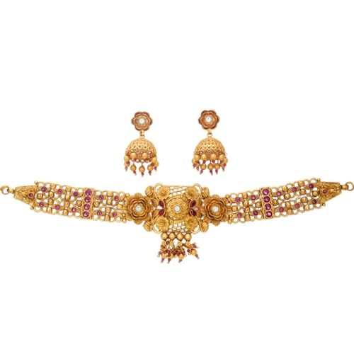 Image of Kollam Supreme Gold plated Brass Antique Matte Floral Ruby Choker Set for Women.