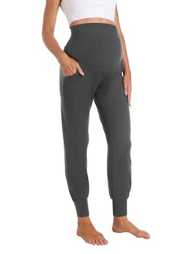 Foucome Pantalon de maternité pour femme - Pantalon de jogging extensible sur le ventre - Pantalon d'entraînement de grossesse avec poches, gris foncé, XL