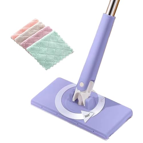 YAYAMIYA【乾湿両用モップ】自動で雑巾を挟むモップ、ペーパータオル掛けフローリングモップ 洗面タオルを自動で挟むモップ 汚れないハンドモップ 全自動タオルモップ 手洗い不要 両面布と小さなクリップ付き 延長されたポール設計 360°回転可能 再利用