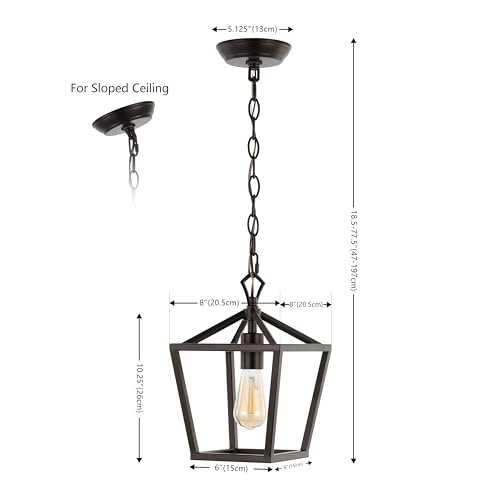 Image of JONATHAN Y Pagoda 1-Light Pendant 8 inch Cage, Oil Rubbed Bronze | Traditional Metal Farmhouse Hanging Lantern Ceiling Fixture, Adjustable Chain Link, For Kitchen Island, LED Bulb Included