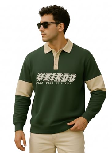 Image of Veirdo Men's Loopknit Cotton Oversized Baggy Fit | Full Sleeve Polo T-Shirt | Casual Streetwear with Ribbed Cuffs Travel | Sizes: S to XXL