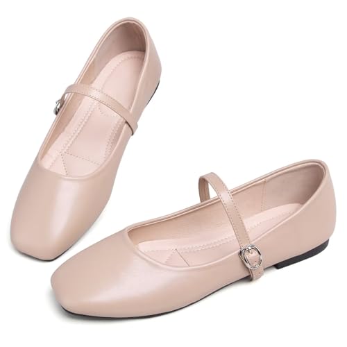Image of TN TANGNEST Leather Flats for Women Retro Mary Jane Flats | Comfortable Square Toe Slip On Flats with Buckle Strap, Soft Work Flats Office Shoes