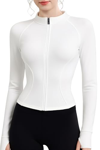 Sportjacke Damen Laufjacke Sport T-Shirt Gym Top Oberteil Jacke Yoga Langarm Weiß Trainingsjacke Winter Fitness Sportshirt Sweatjacke Reissverschluss Laufshirt mit Daumenloch S