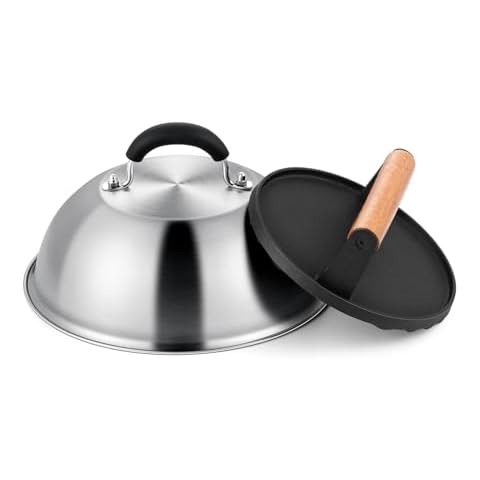 9 Inch Griddle Basting Cover & Burger Grill Press Kit, Joyfair Stainless Steel Cheese Melting Dome with Cast Iron Bacon Patty Press for Outdoor Flattop BBQ Grilling, Heavy Gauge Material (Round) Cover