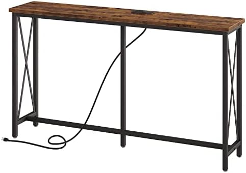 SUPERJARE 55.1 Inch Console Table with Outlet, Extra Long Sofa Table with Charging Station, Entryway Table, Couch Table Behind Sofa for Living Room, Plants - Rustic Brown