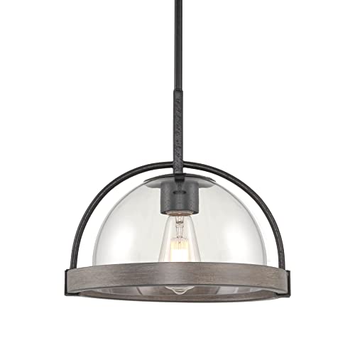 Kira Home Abbott 12" 1-Light Modern Farmhouse Pendant Light + Clear Dome Glass Shade, Gray Oak Style Wood + Textured Black Finish #TOP15