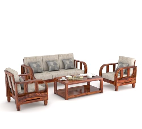 Image of Sheesham Wood Sofa Set Wooden Sofa Set Furniture, Modern Sofa Set, Unqiue Comfort Sofa Set, 5 Seater Sofa Set with Cushions, Without Pillow, (Sofa Set 3+1+1) Honey Finish