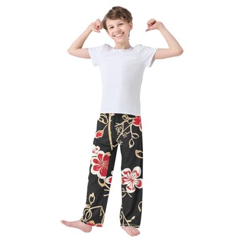 Plum Flowers and Leaves Boys Long Pants Soft Trousers Elastic Waist Kids Lounge Bottoms with Pockets S-XL3