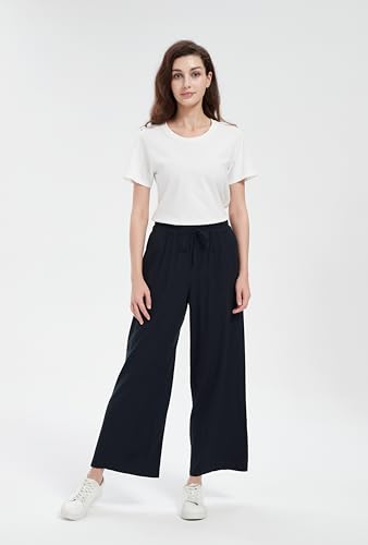 Tronjori Women Linen Blend Palazzo Pants Summer Boho Wide Leg High Waist Casual Lounge Pant with Drawstring3