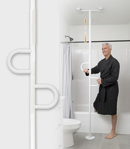 Stander Double Handle Non-Rotating Floor to Ceiling Grab Bar No-Drill Tension Mounted Transfer Pole for Seniors Bath Safety & Bedside Assist Rail for Home Standing Support & Fall Prevention White