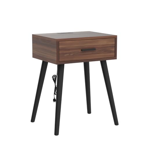 HAIOOU Set of 2 Mid Century Nightstand with Charging Station, End Table Modern Side Table One Drawer with Premium Matte Black Handle and Pine Wood Legs for Home Bedroom Living Room (NS003X)