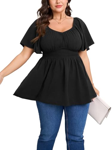 Womens Plus Size Blouse Summer Tops Sweetheart Neck Short Sleeve Ruffle Peplum Smocked Dressy Casual Top Black
