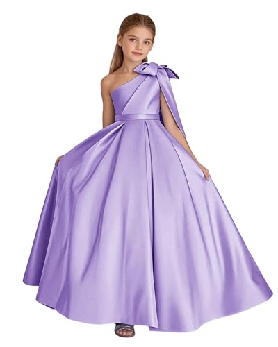 One Shoulder Flower Girl Dress Satin Pageant Dresses First Communion Dress with Bow Ball Gown