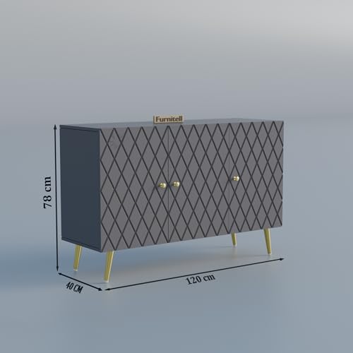 Image of Modern Wooden Storage Cabinet with 2 Doors | Geometric Design Sideboard /Cupboard for Living Room | Multipurpose Organizer for Bedroom & Entryway | HDMR Premium Wood | Gold Metal Legs(Grey)