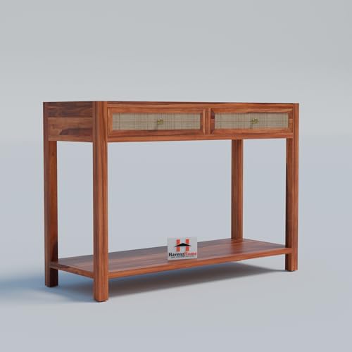 Image of Solid Wood Console Table with 2 Drawers & Bottom Shelf Storage for Living Room, Entryway, Hallway, Bedroom & Office | Honey Finish | 42 x 15 x 30 Inch