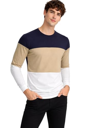 Image of ADRO Men's Full Sleeve T-Shirt Navy Grey Colorblock | Cotton Round Neck Casual Tshirt | Regular Fit Stylish T Shirt