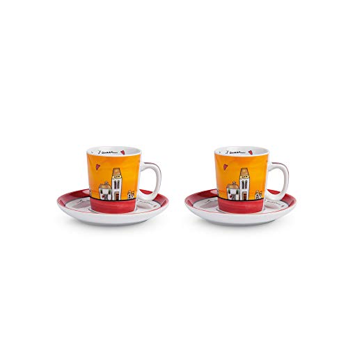 Set 2 Tazze caffè con piattini Collezione Le Casette. Oggetto Realizzato in Porcellana di Colore Rosso e Bianco e Multicolore. La referenza è