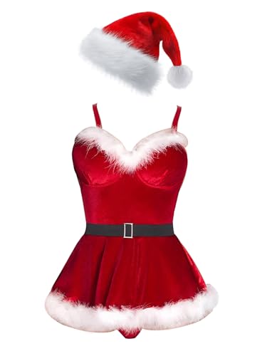 RUNQHUI Lingerie Noël Femme Sexy Bodysuit Déguisement Mère Noël Body Combinaison Costume Noël Clubwear S-3XL Rouge S