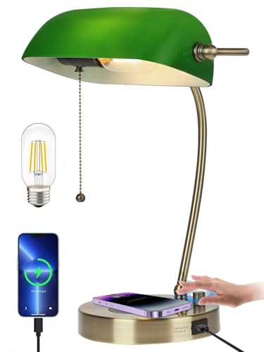 Newrays Lámpara de escritorio de cristal verde con cargador inalámbrico, puerto de carga USB para oficina en casa, lámpara de mesa regulable continua, bombilla LED incluida
