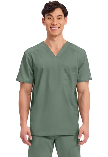 Cherokee Scrub for Men's Tuckable V-Neck Top with 1 Chest Pocket, Pen Slot, Ultra Soft, Durable, 2-Way Stretch Fabric - WW690, L, Olive