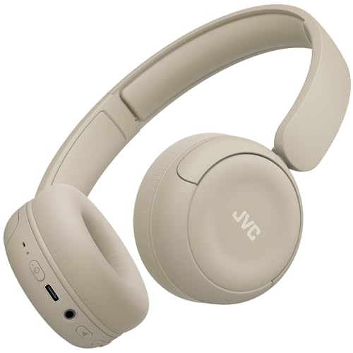 JVC Cuffie wireless HA-S59W-C con batteria da 50 ore, cuscinetti auricolari morbidi, design pieghevole, Bluetooth 5.3, Multipoint, app -EQ e microfono, Beige opaco
