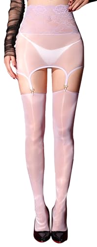 Image of FEOYA Women's Oil Shiny Lace Top Garter Pantyhose with Shimmer Thigh High Stockings Suspender Tights Hosiery (No Thong)