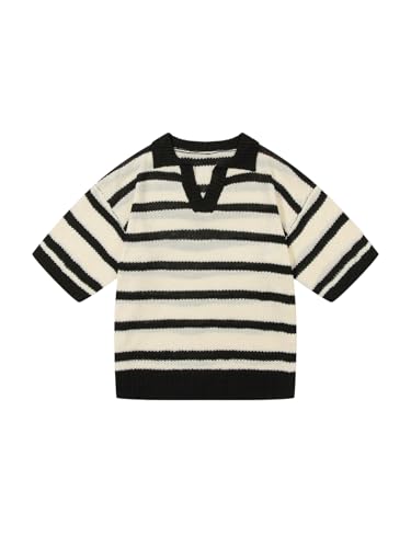 Men's Striped Short Sleeve Golf Sweater Casual Collar Lapel V Neck Knit Pullover Tops