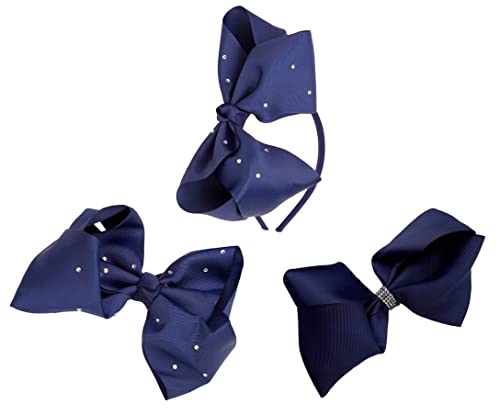 French Toast Kid's School Uniform Bow Hair Clips and Headband, 3-pack, Navy Blue & White, One Size
