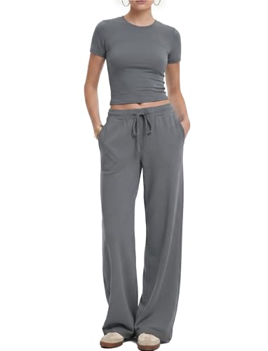 Women's 2 Piece Set Soft Lounge Sets Short Sleeve Slim Tops and High Waisted Wide Leg Pants Outfits with Pockets — view 2